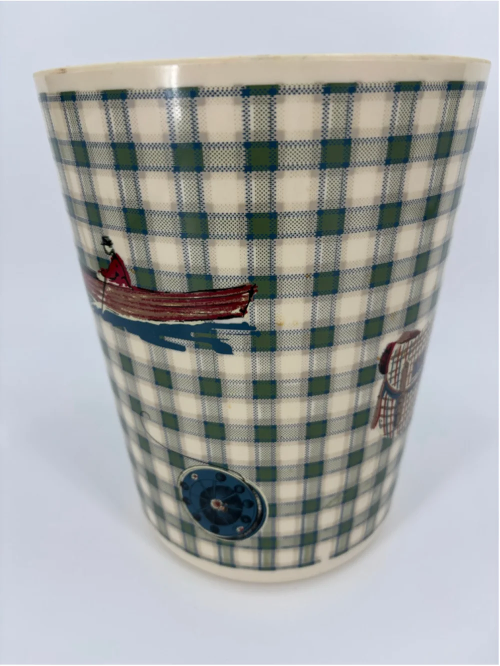 VTG Retro Rare 70s 80s Cottagecore Cabin-core Fishing Plaid Wastebasket